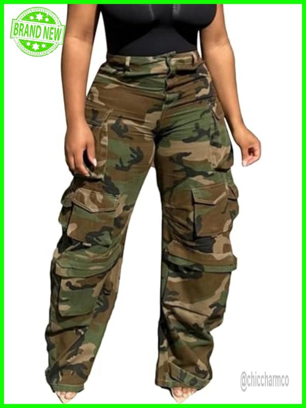 Baggy Cargo Jeans High Waisted Wide Leg Denim Pants with Flap Pockets
